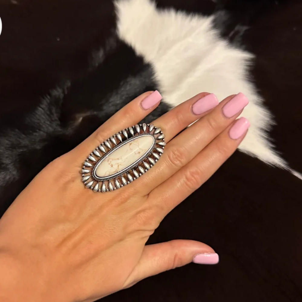 Silver and White Turquoise Oval Statement Ring